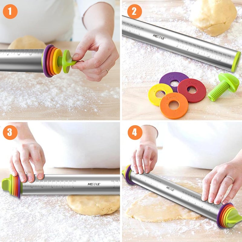 Mepple Stainless Steel Rolling Pin with Thickness Rings and Pastry Baking Mat, 13.6" Adjustable Rolling Pin Dough Roller for Baking Cookie Pizza, Comes with Large Silicone Pastry Mat and Wooden Stand - Image 4